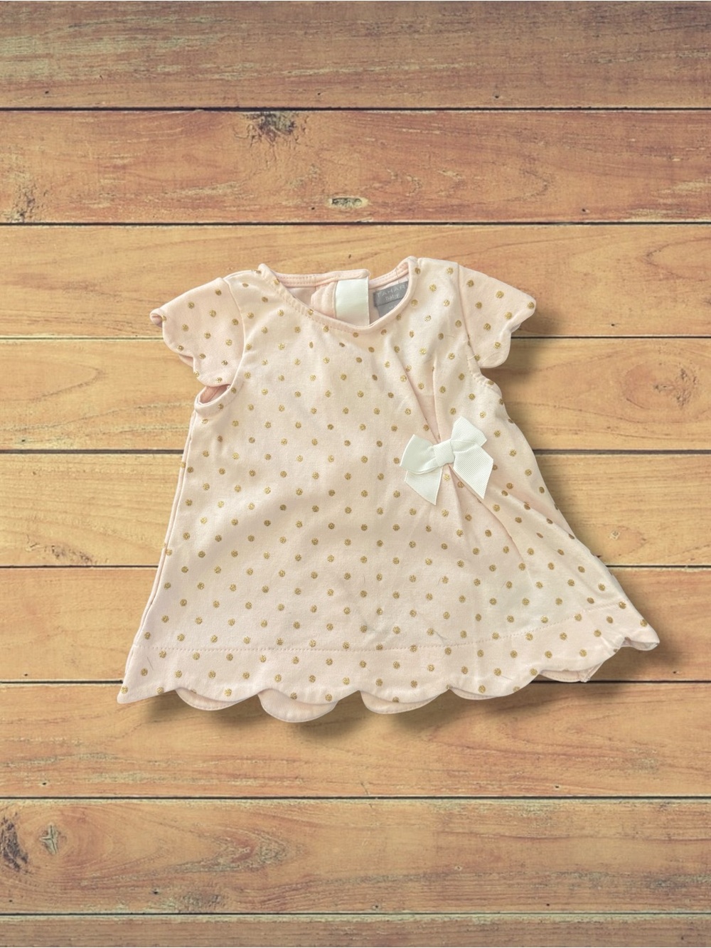 Tahari Baby Pink Scalloped Hem Baby Dress, Gold Dot Accents & White Bow, 6-9 M